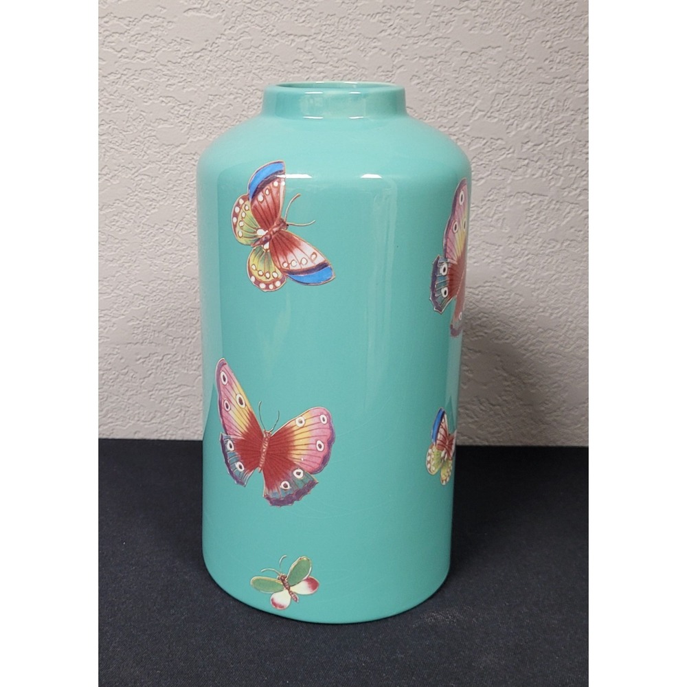 Hobby Lobby Turquoise Butterflies Ginger Jar Vase Shelf Decor (Missing Lid)
